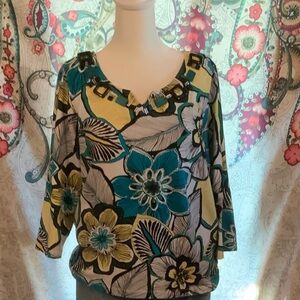 Hearts of Palm Vibrant Floral Blouse - Teal, Yellow, Black size large